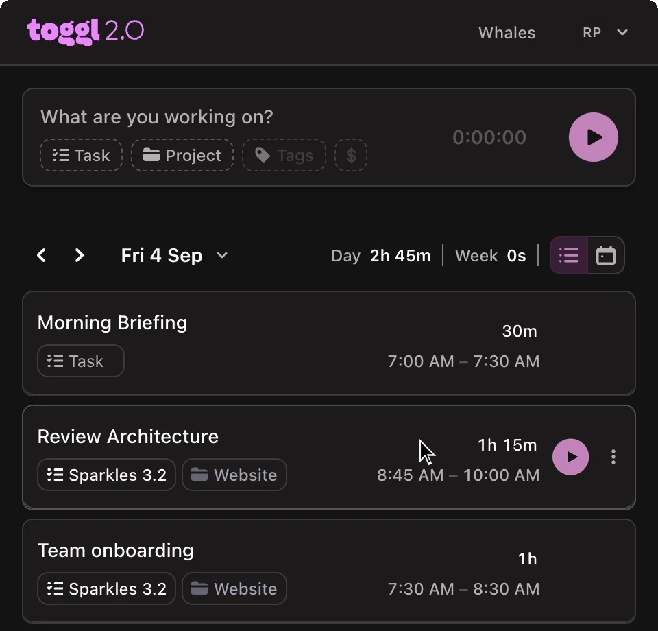 The extension popup, with the day’s tracked entries