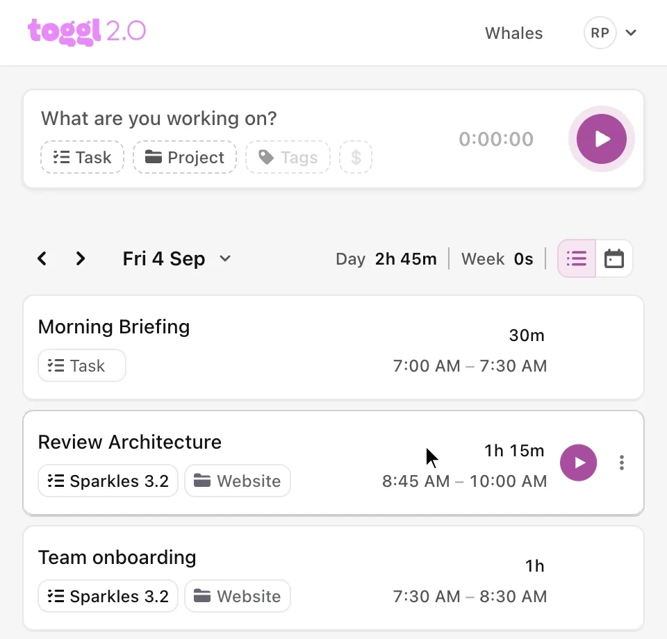 The extension popup, with the day’s tracked entries