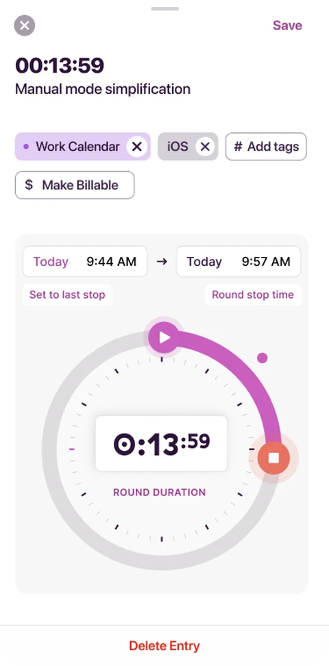 The redesigned edit sheet: one time row, Set to last stop and Round stop time, and the duration wheel.