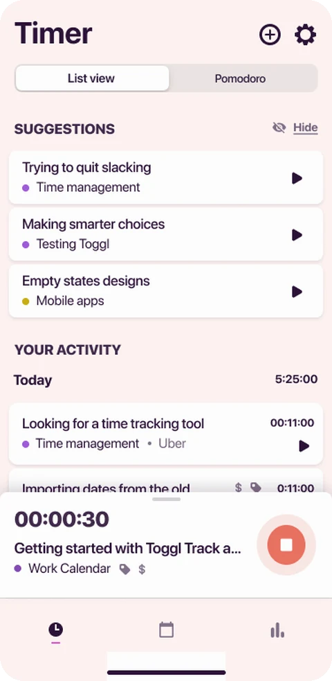 Toggl Track's Timer screen on iOS, with suggestions, today's activity and a running entry.